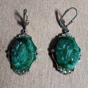 Vintage signed Anne Koplik carved jade, enamel & Swarovski crystal earrings
